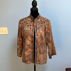 Chico Women 2 (12) Beaded Brown Lined Open Front Jacket Embellished Sequin Le…